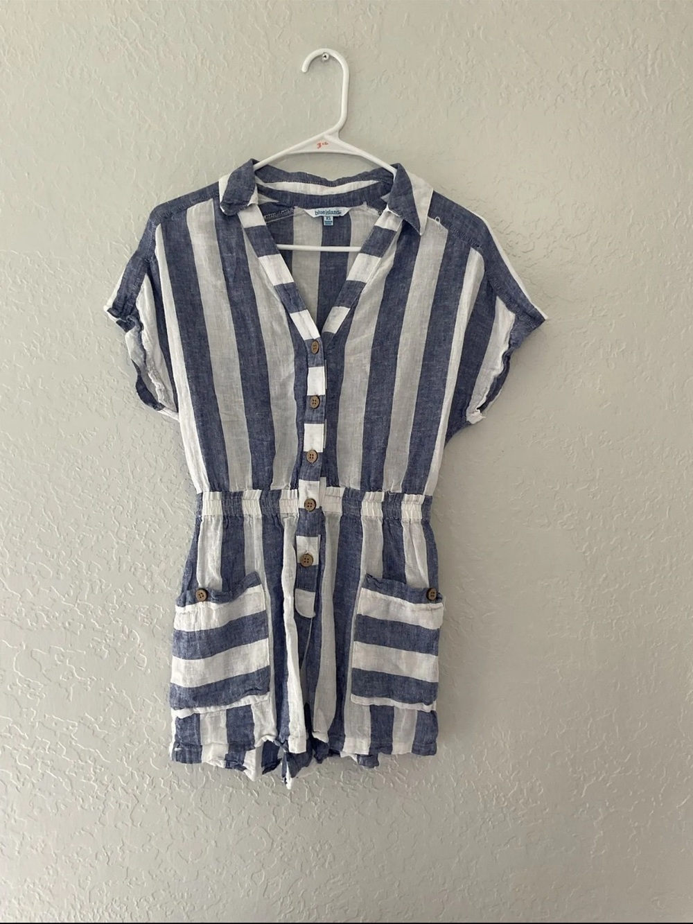 Anthropologie Navy and White Striped Romper with Front Buttons